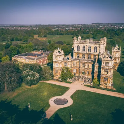 Wollaton hall aerial shot of building and surrounding park