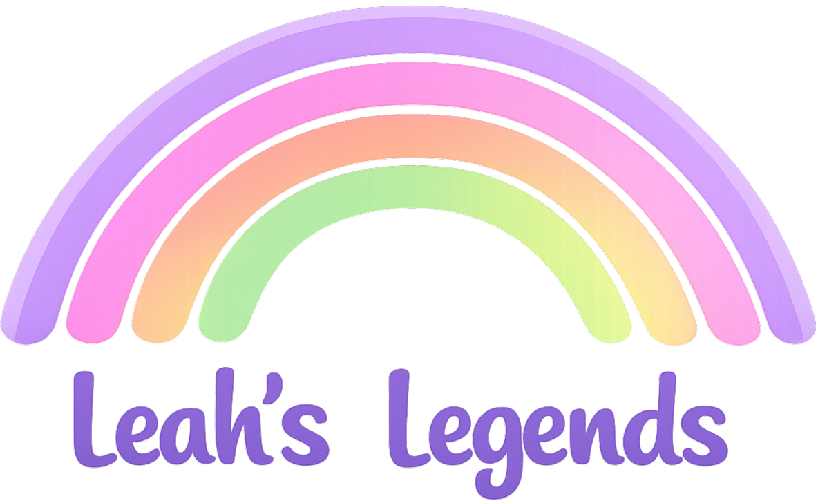 Pastel rainbow with Leahs Legends written in purple 