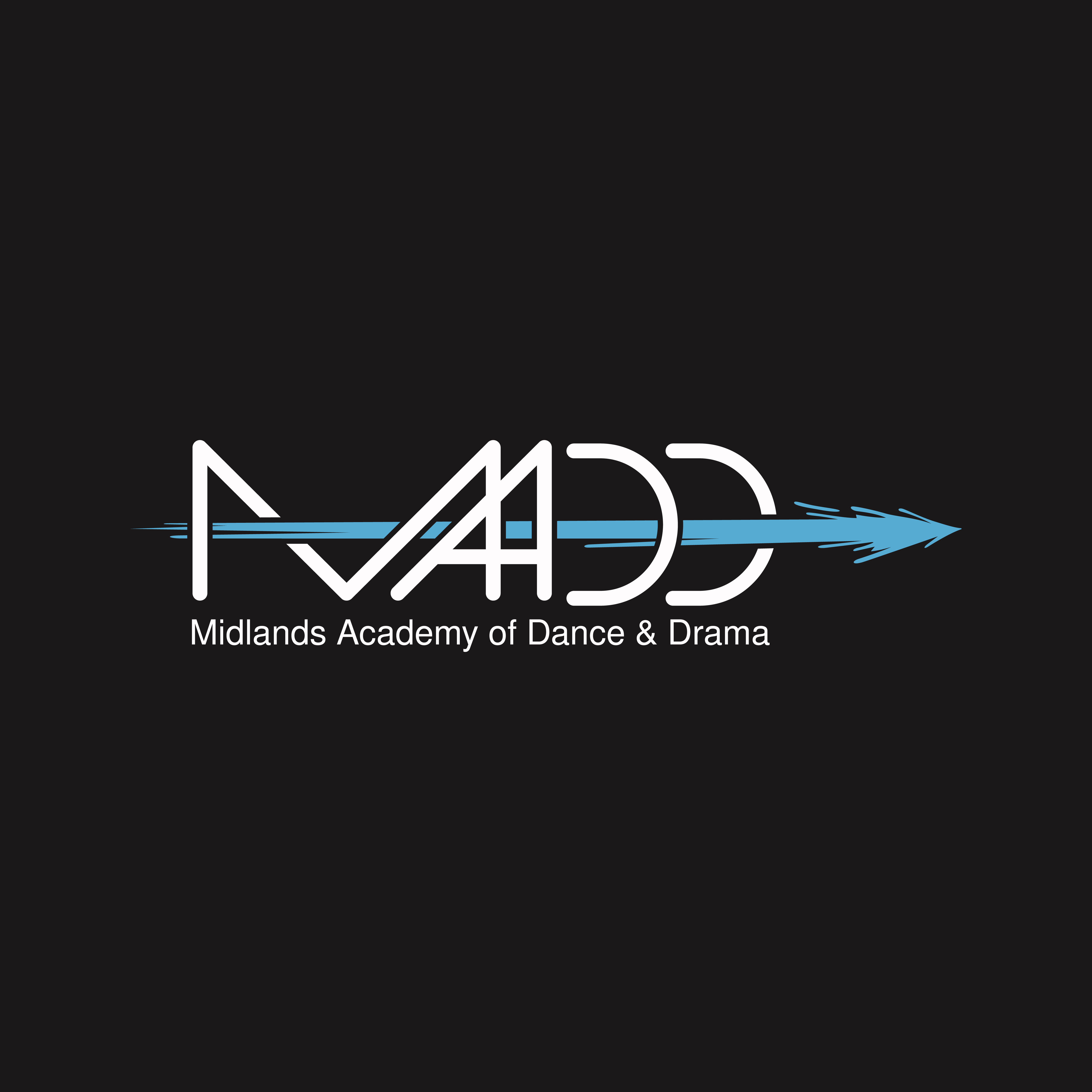 White MADD College logo written in white words, with a blue arrow striking through it on a black background.
