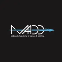 White MADD College logo written in white words, with a blue arrow striking through it on a black background.