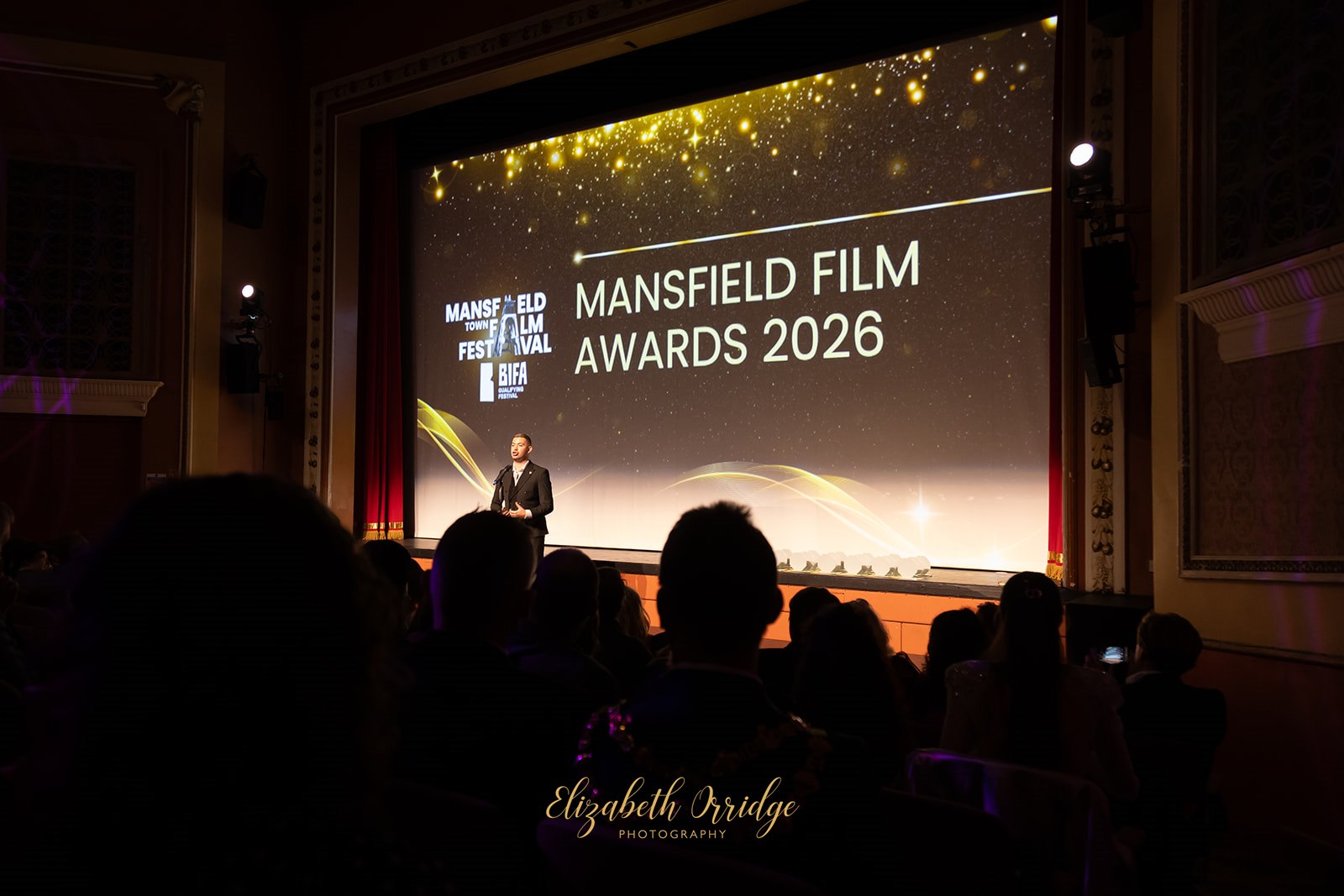 At the Mansfield Palace Theatre for the MTFF26 awards ceremony - the big screen showing a title slide for the awards
