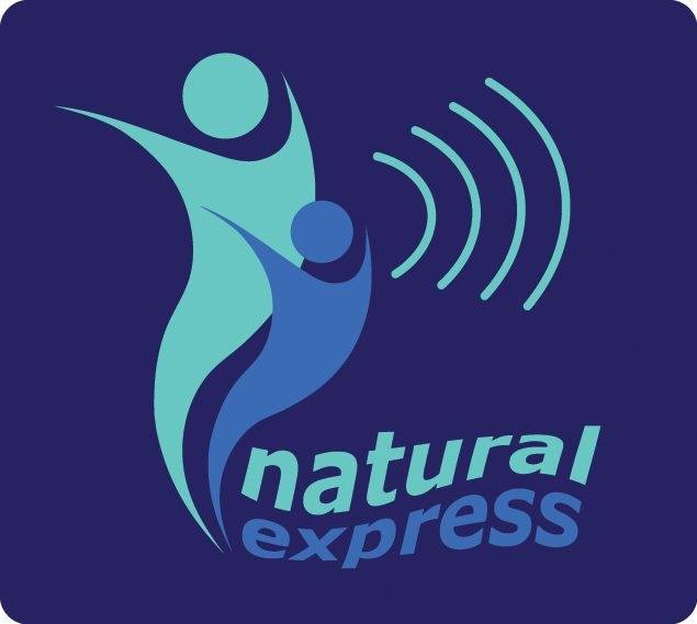 Two abstract human figures with sound waves and the text "natural express" on a dark blue background.