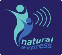 Two abstract human figures with sound waves and the text "natural express" on a dark blue background.
