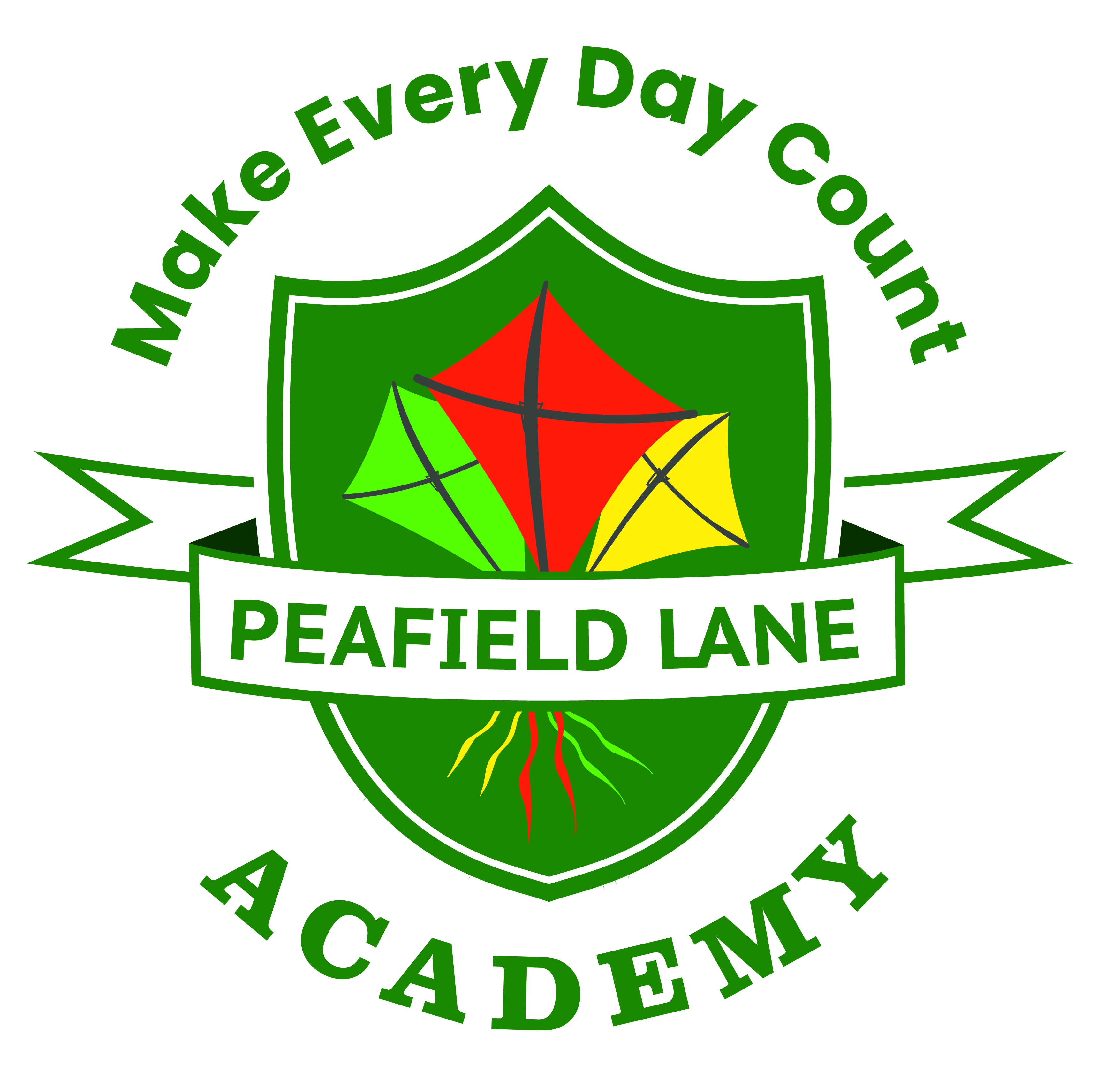 Logo: a green shield with red, green and yellow kites, text reads “Peafield Lane Academy. Make Every Day Count”