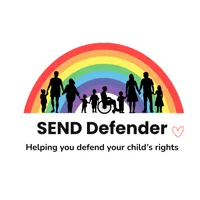 The SEN Defender logo, is a rainbow and in front is a line of differently abled people in silhouette including a wheelchair user