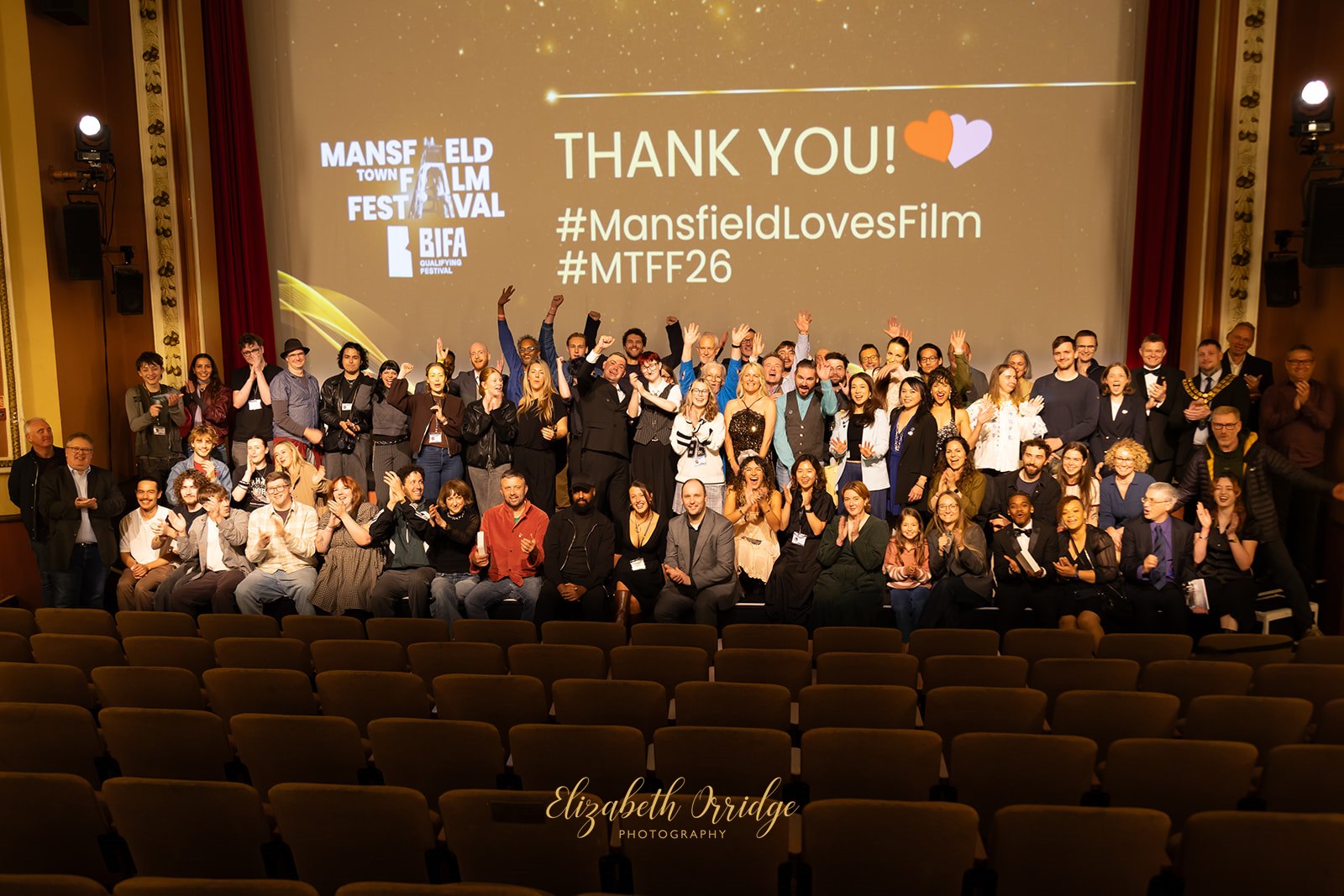 The MTFF team plus award winners and filmmakers onstage at the Palace Theatre Mansfield