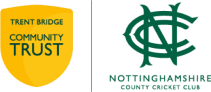 Yellow shield with Trent Bridge Community Trust on next to Nottinghamshire county Cricket Club logo in yellow