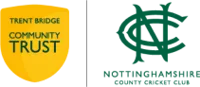 Yellow shield with Trent Bridge Community Trust on next to Nottinghamshire county Cricket Club logo in yellow