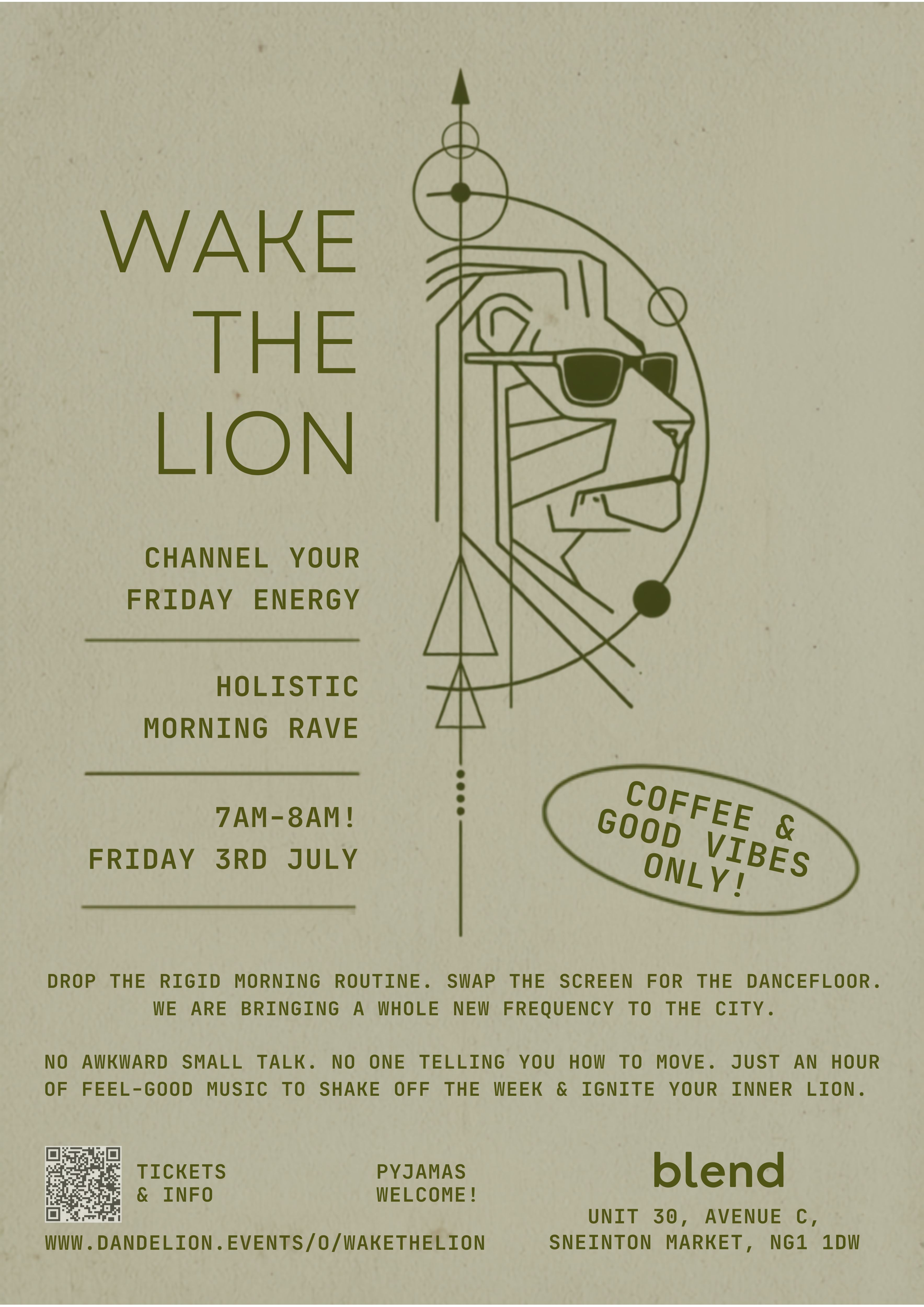 Poster for "Wake the Lion" at Harrell Theatre, showing dates, ticket info, and a stylized lion face illustration with geometric lines and circles.