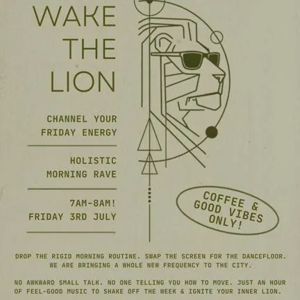 Poster for "Wake the Lion" at Harrell Theatre, showing dates, ticket info, and a stylized lion face illustration with geometric lines and circles.