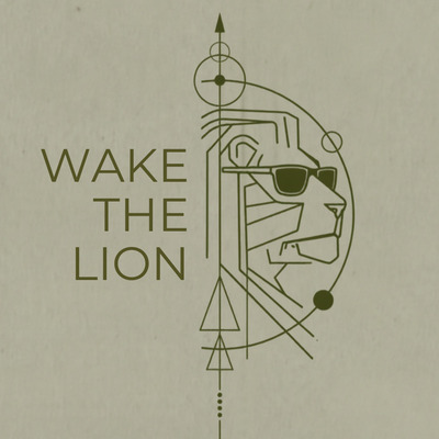 Geometric line drawing of a lion's face with the text "Wake the Lion" on a neutral background.