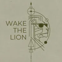 Geometric line drawing of a lion's face with the text "Wake the Lion" on a neutral background.